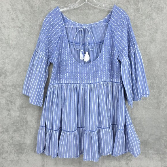 Free People Lola Embroidered Mini Dress S Blue White Stripes Cutout Back Tassels - Picture 10 of 14